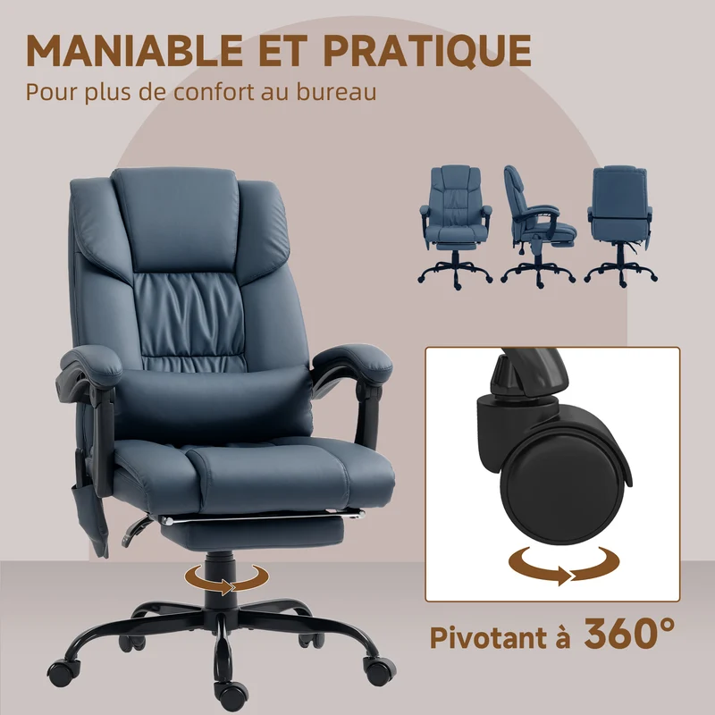 Fauteuil de bureau massant 66 x 75 x 122 cm dossier inclinable 130° repose-pieds extensible moderne en polyuréthane bleu 21_0006181