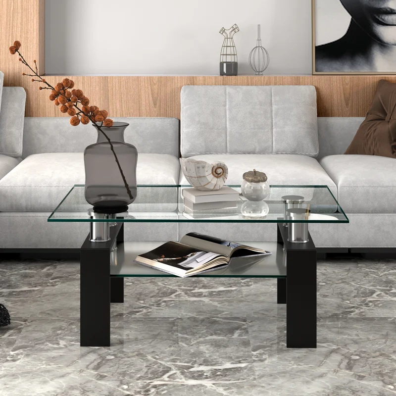 Table basse en verre trempé rectangulaire 99x60x44 cm tube en acier inoxydable et pied en fer solide noir 20_0001149