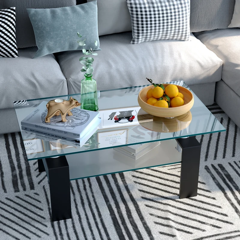 Table basse en verre trempé rectangulaire 99x60x44 cm tube en acier inoxydable et pied en fer solide noir 20_0001149