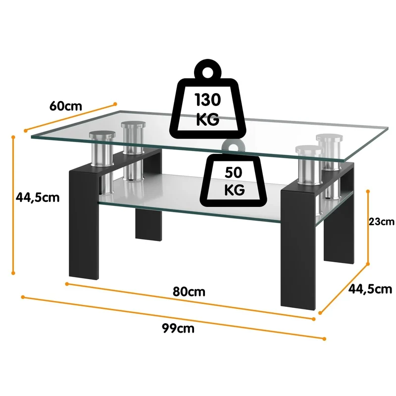 Table basse en verre trempé rectangulaire 99x60x44 cm tube en acier inoxydable et pied en fer solide noir 20_0001149