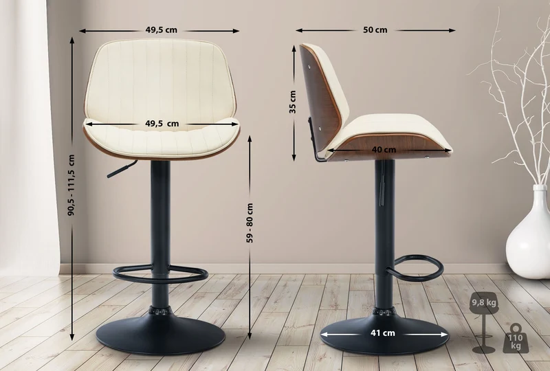 Tabouret de bar design moderne coutures verticales en bois noyer PVC crème et métal noir 10_0005295