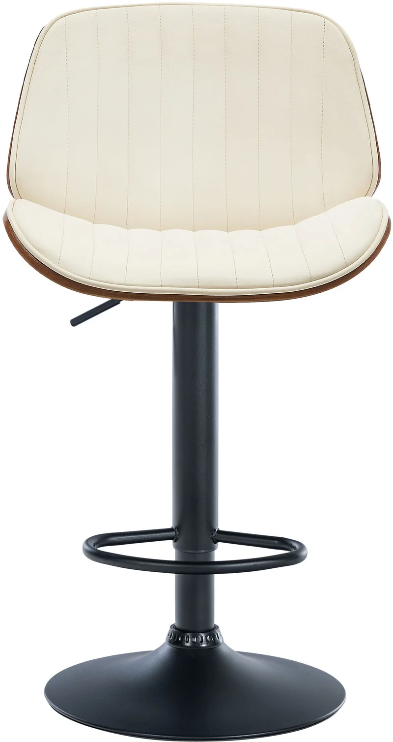Tabouret de bar design moderne coutures verticales en bois noyer PVC crème et métal noir 10_0005295