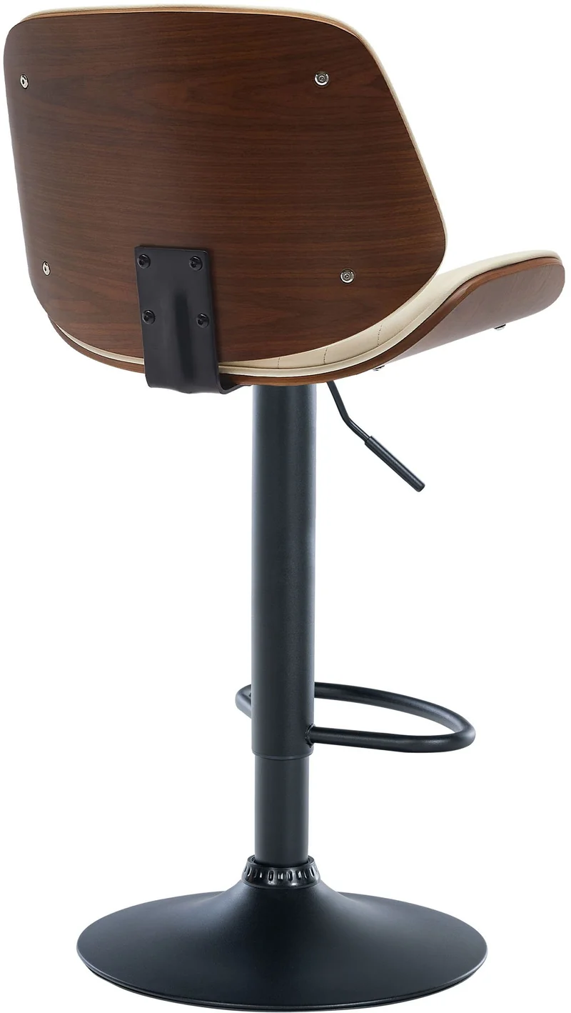 Tabouret de bar design moderne coutures verticales en bois noyer PVC crème et métal noir 10_0005295