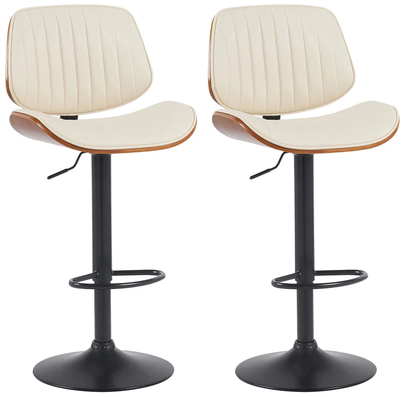 Lot de 2 tabourets de bar style rétro moderne assise en PVC crème bois noyer et cadre métal noir 10_0006687