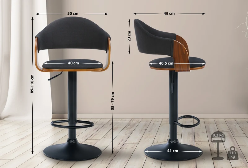 Tabouret de bar x1 design rétro chic assise en tissu noir et bois noyer piètement en métal noir 10_0006426