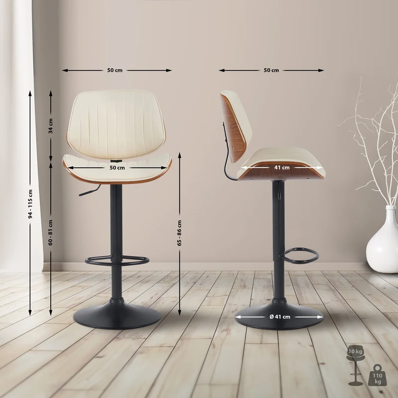 Tabouret de bar x1 style rétro moderne assise en similicuir crème bois noyer et cadre métal noir 10_0006377