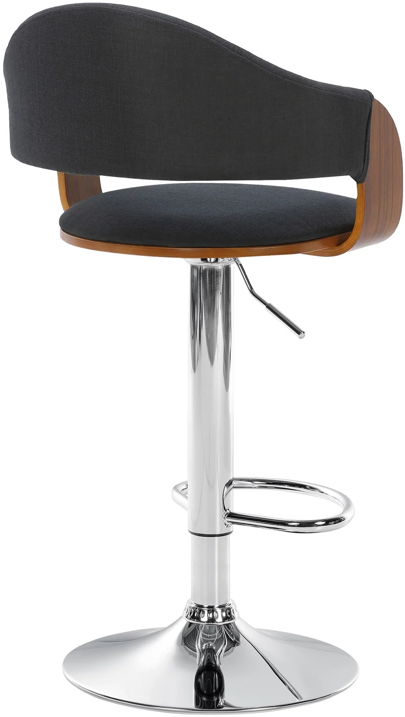 Tabouret de bar design rétro chic assise en tissu noir et bois noyer piètement en métal chromé 10_0005294