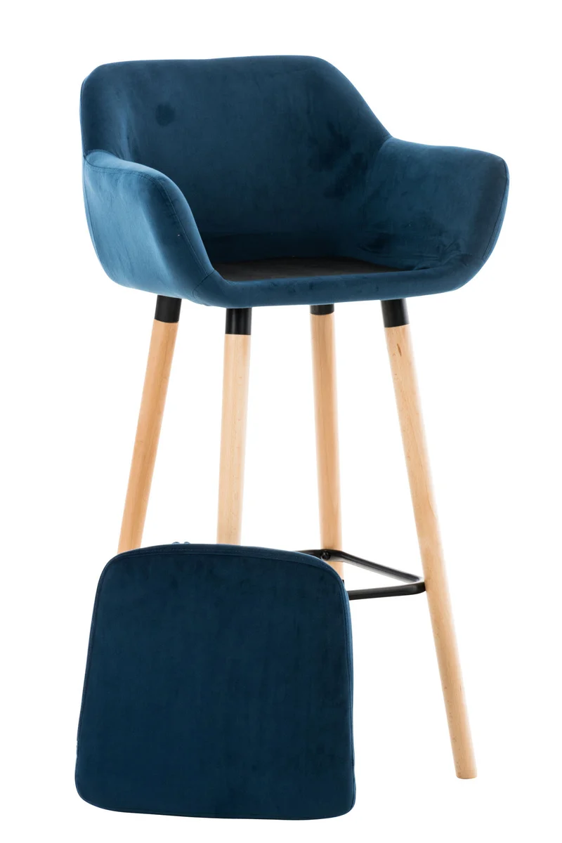 Tabouret de bar lounge x1 design scandinave assise en velours bleu pieds en bois repose-pieds en métal 10_0004913