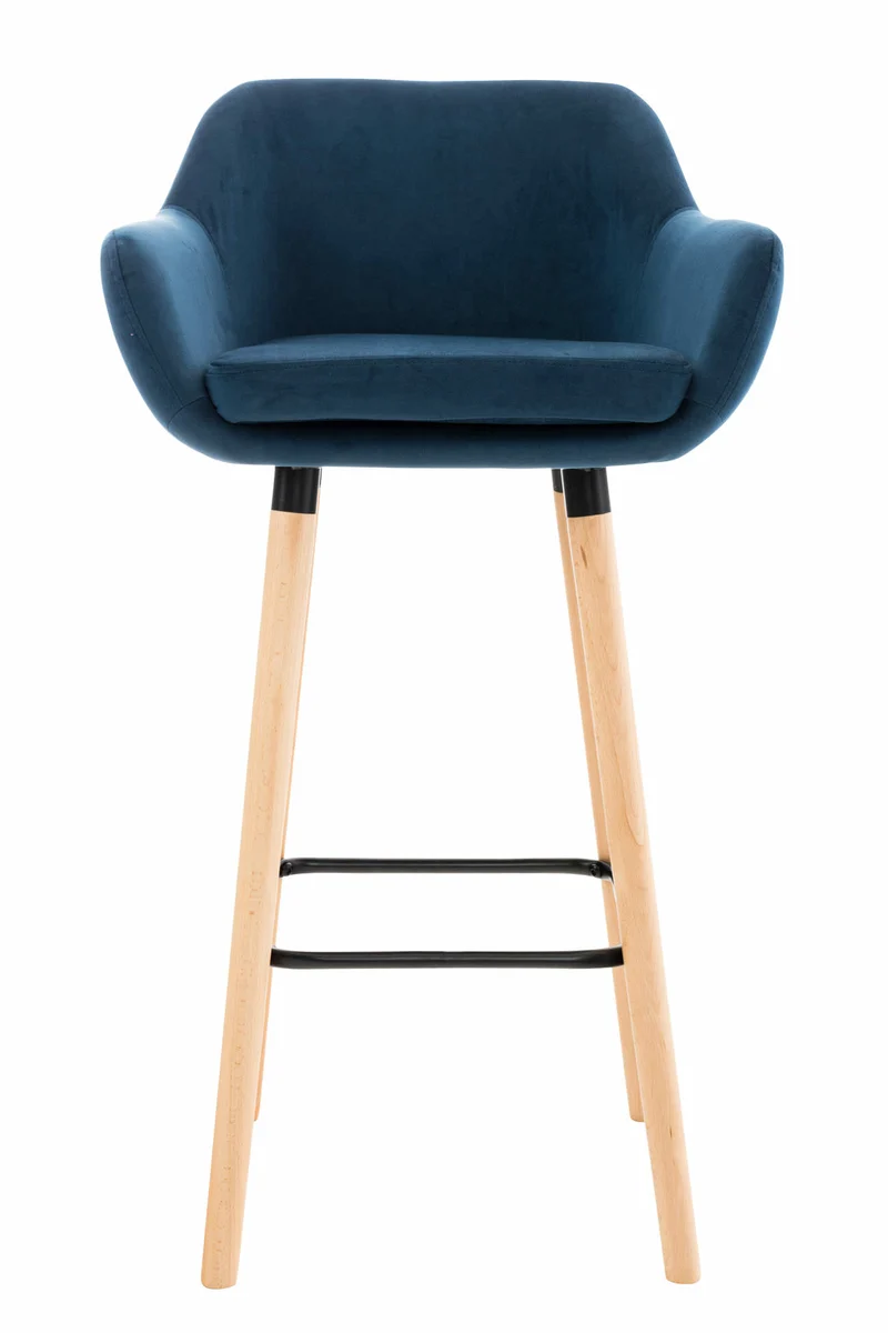 Tabouret de bar lounge x1 design scandinave assise en velours bleu pieds en bois repose-pieds en métal 10_0004913
