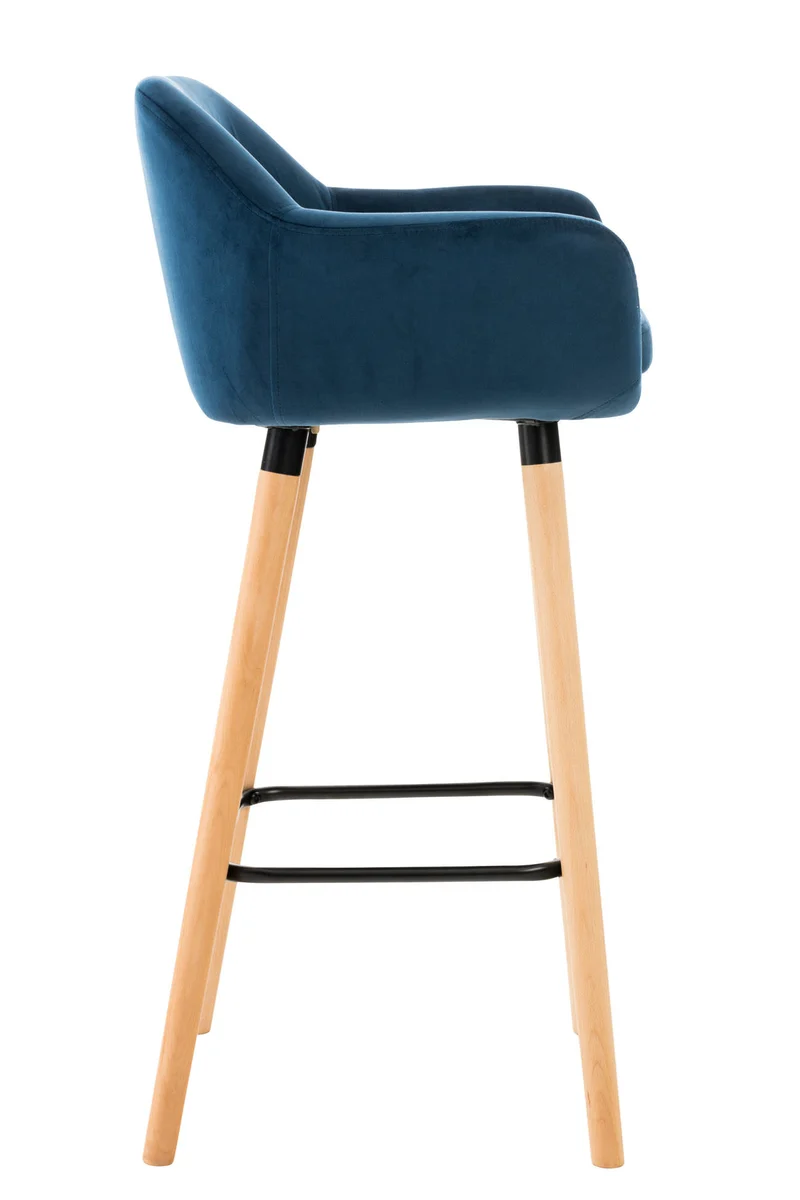 Tabouret de bar lounge x1 design scandinave assise en velours bleu pieds en bois repose-pieds en métal 10_0004913