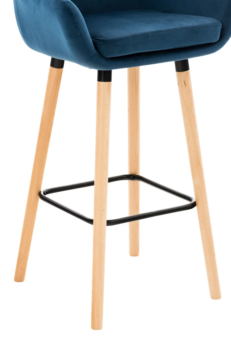 Tabouret de bar lounge x1 design scandinave assise en velours bleu pieds en bois repose-pieds en métal 10_0004913