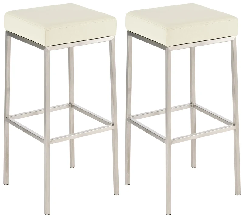 Lot de 2 tabourets de bar avec repose-pieds design simple hauteur 85 cm en PVC crème et acier inoxydable 10_0004374