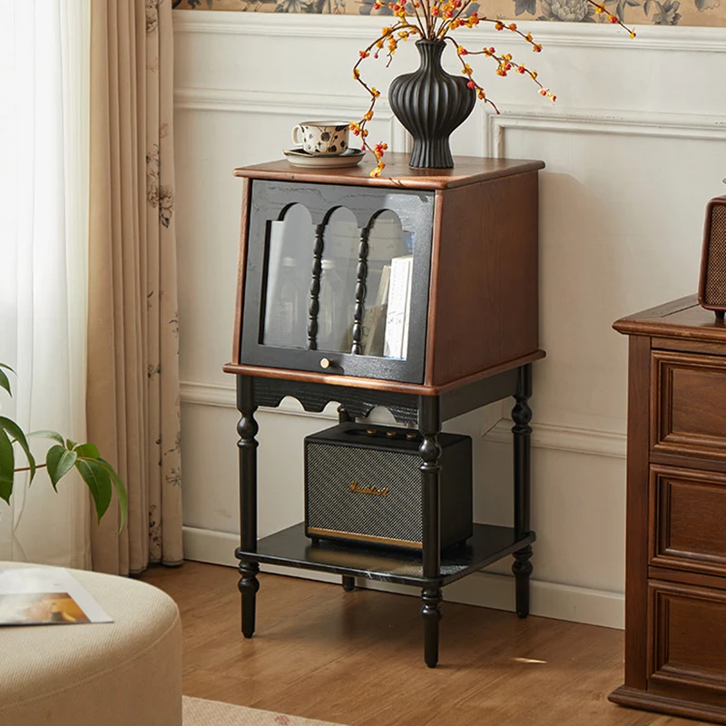 Traditional French Ash Wood Glass Trapezoidal Storage Cabinet 3-Tier For Living Room