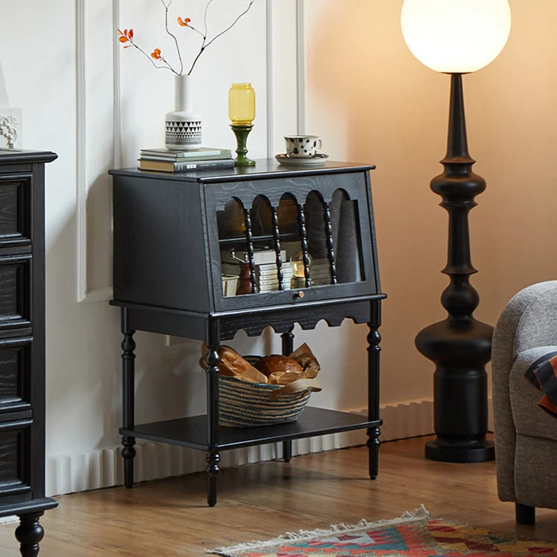 Traditional French Ash Wood Glass Trapezoidal Storage Cabinet 3-Tier For Living Room