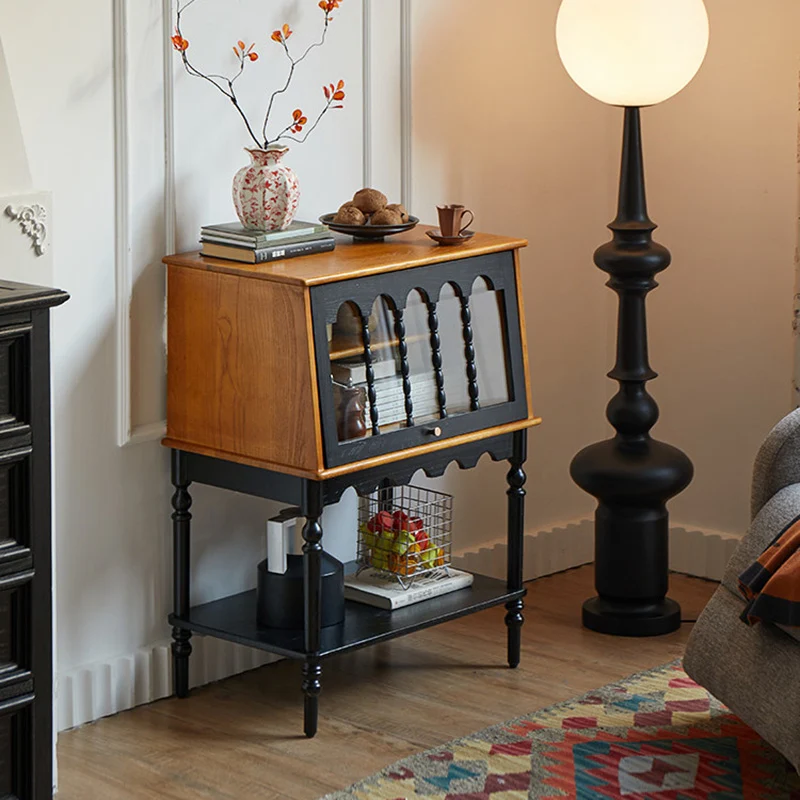 Traditional French Ash Wood Glass Trapezoidal Storage Cabinet 3-Tier For Living Room