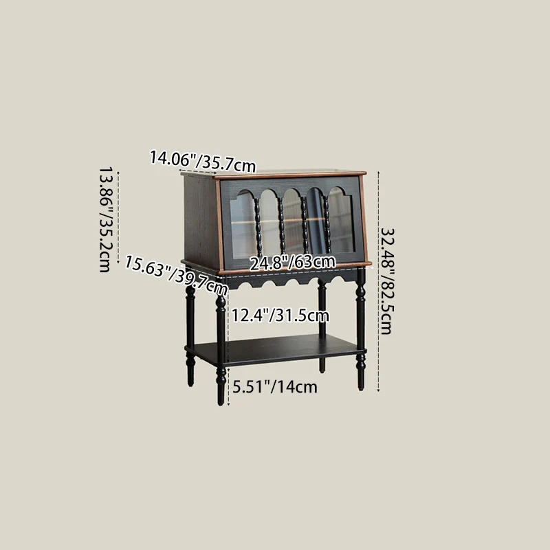 Traditional French Ash Wood Glass Trapezoidal Storage Cabinet 3-Tier For Living Room