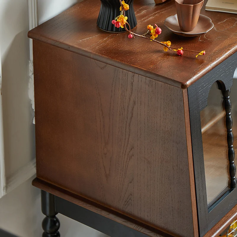 Traditional French Ash Wood Glass Trapezoidal Storage Cabinet 3-Tier For Living Room