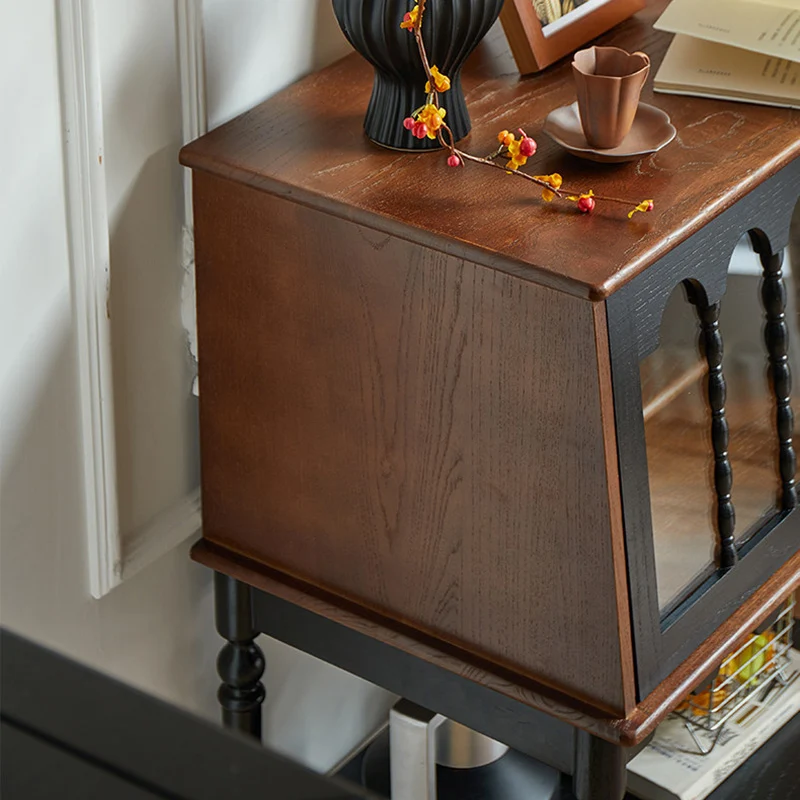 Traditional French Ash Wood Glass Trapezoidal Storage Cabinet 3-Tier For Living Room