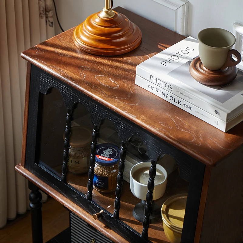 Traditional French Ash Wood Glass Trapezoidal Storage Cabinet 3-Tier For Living Room