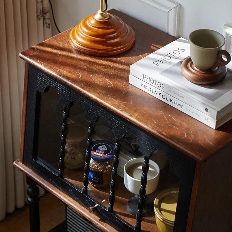 Traditional French Ash Wood Glass Trapezoidal Storage Cabinet 3-Tier For Living Room