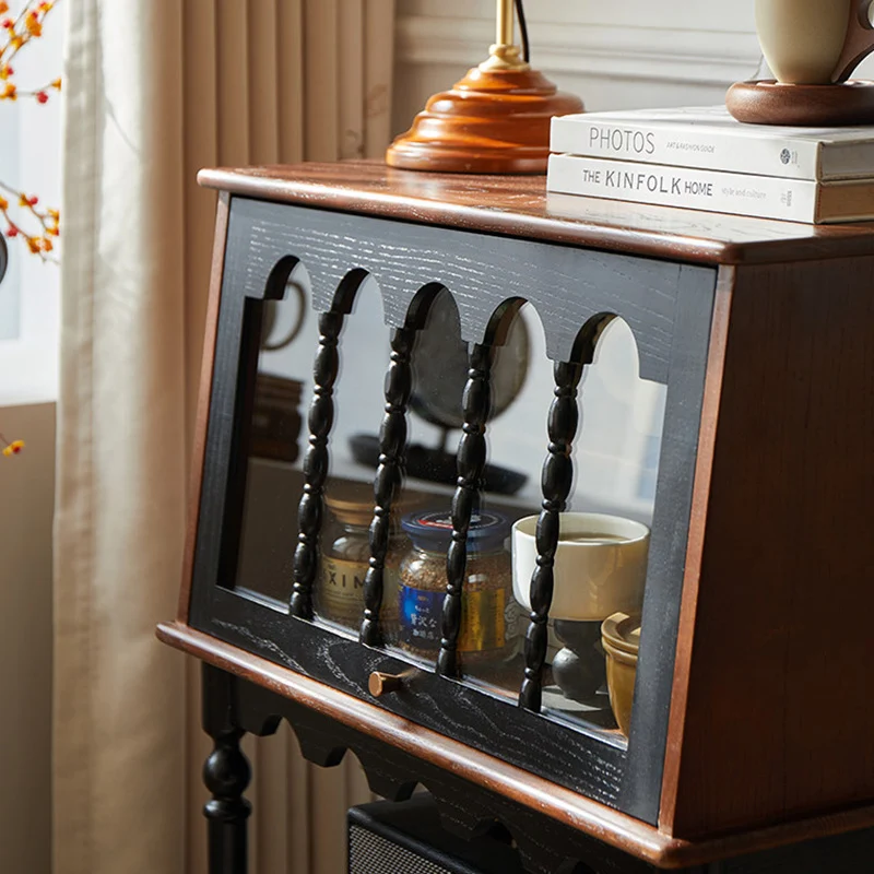 Traditional French Ash Wood Glass Trapezoidal Storage Cabinet 3-Tier For Living Room