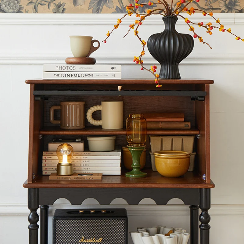Traditional French Ash Wood Glass Trapezoidal Storage Cabinet 3-Tier For Living Room