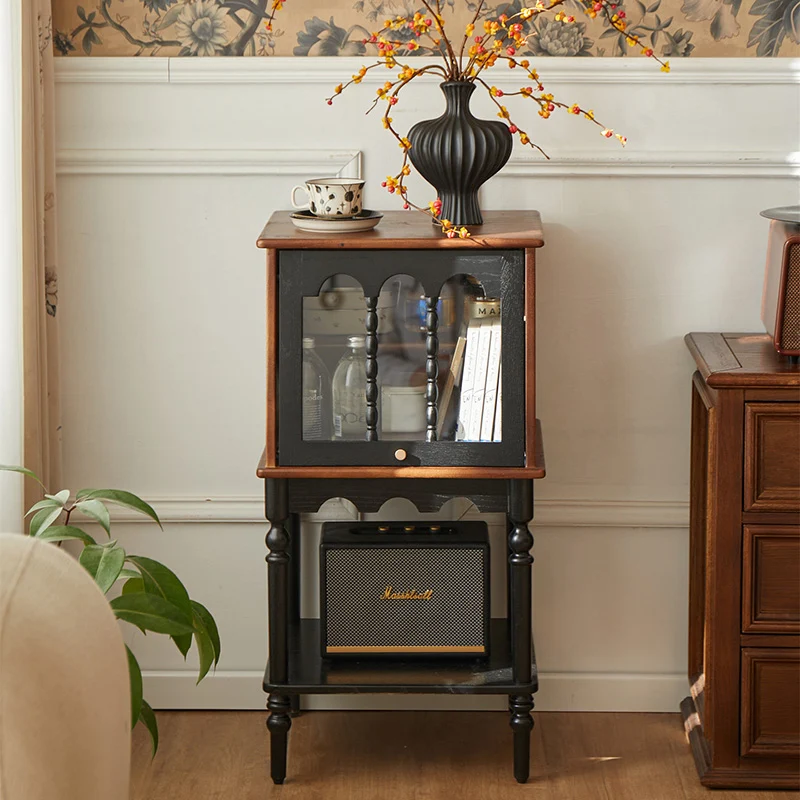 Traditional French Ash Wood Glass Trapezoidal Storage Cabinet 3-Tier For Living Room