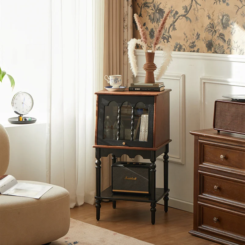 Traditional French Ash Wood Glass Trapezoidal Storage Cabinet 3-Tier For Living Room