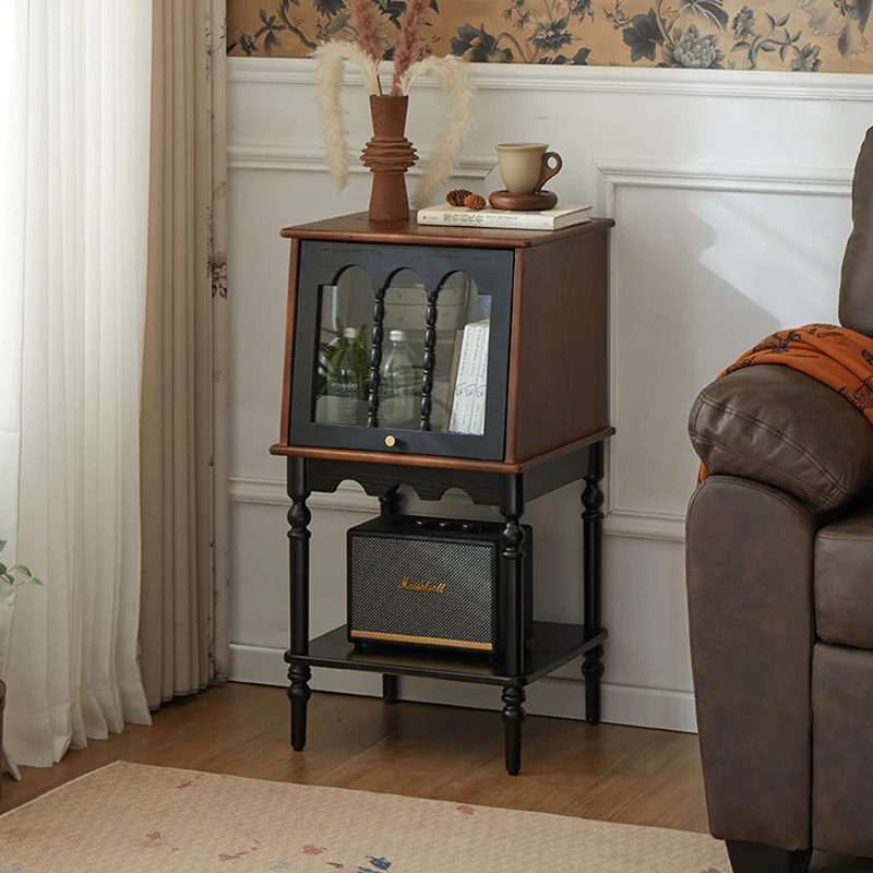 Traditional French Ash Wood Glass Trapezoidal Storage Cabinet 3-Tier For Living Room