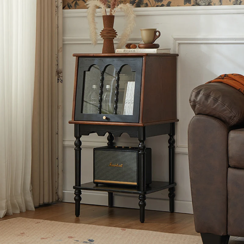 Traditional French Ash Wood Glass Trapezoidal Storage Cabinet 3-Tier For Living Room