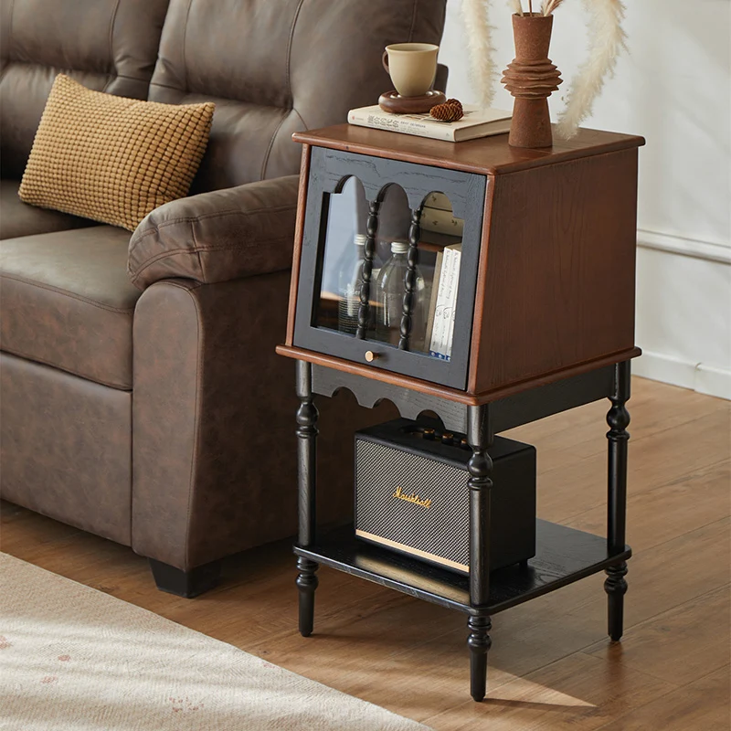 Traditional French Ash Wood Glass Trapezoidal Storage Cabinet 3-Tier For Living Room
