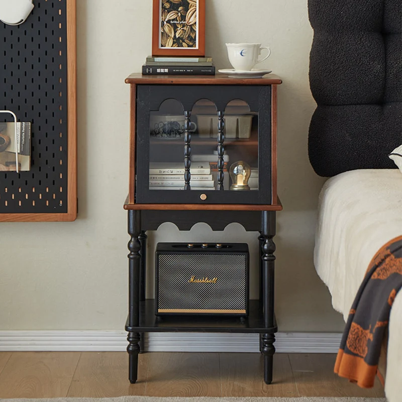 Traditional French Ash Wood Glass Trapezoidal Storage Cabinet 3-Tier For Living Room