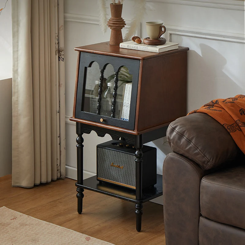 Traditional French Ash Wood Glass Trapezoidal Storage Cabinet 3-Tier For Living Room