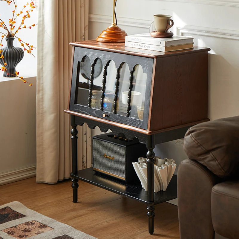 Traditional French Ash Wood Glass Trapezoidal Storage Cabinet 3-Tier For Living Room