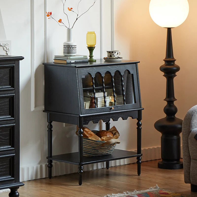 Traditional French Ash Wood Glass Trapezoidal Storage Cabinet 3-Tier For Living Room