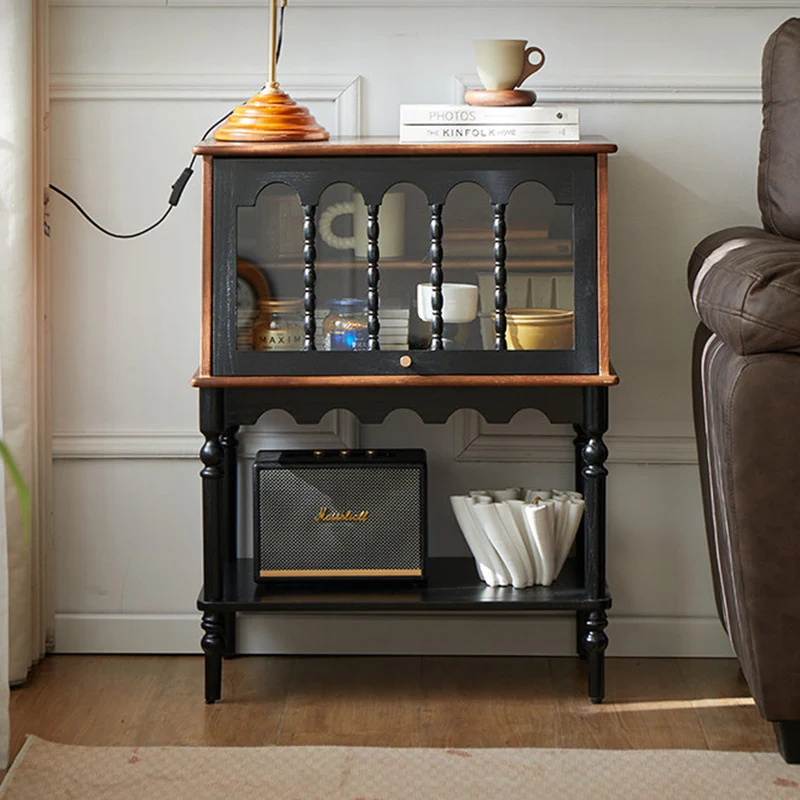 Traditional French Ash Wood Glass Trapezoidal Storage Cabinet 3-Tier For Living Room