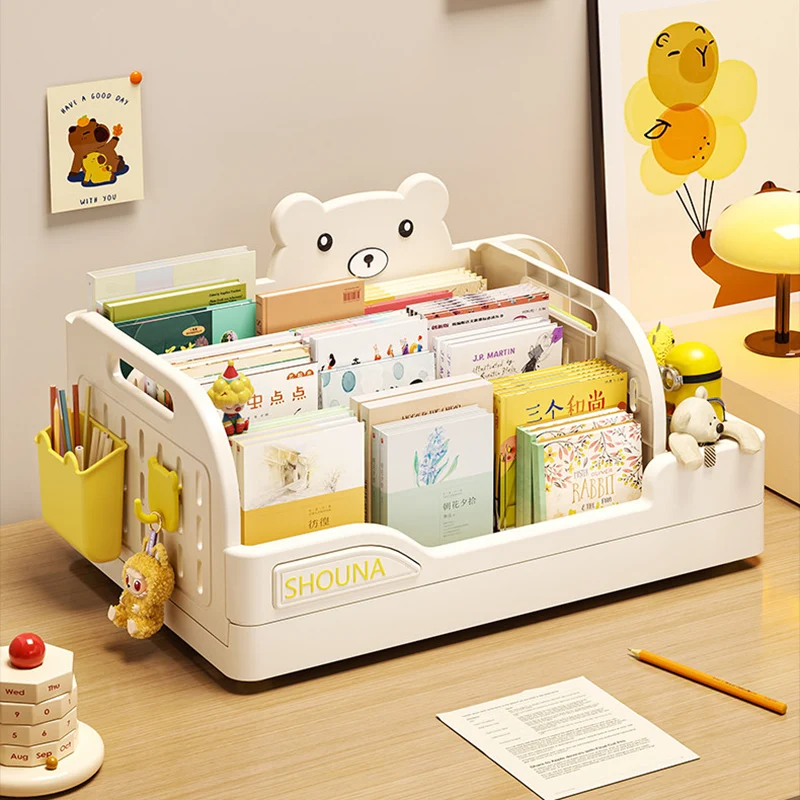 Modern Minimalist PP Plastic Cartoon Bear Trapezoidal Kids Lightweight Desktop Bookshelf 2-Divider For Study