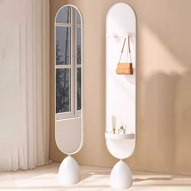 Modern Minimalist Iron Plastic Glass Oval Swivel Full-Length Floor Mirror With Storage & Clothing Rack For Bedroom & Living Room