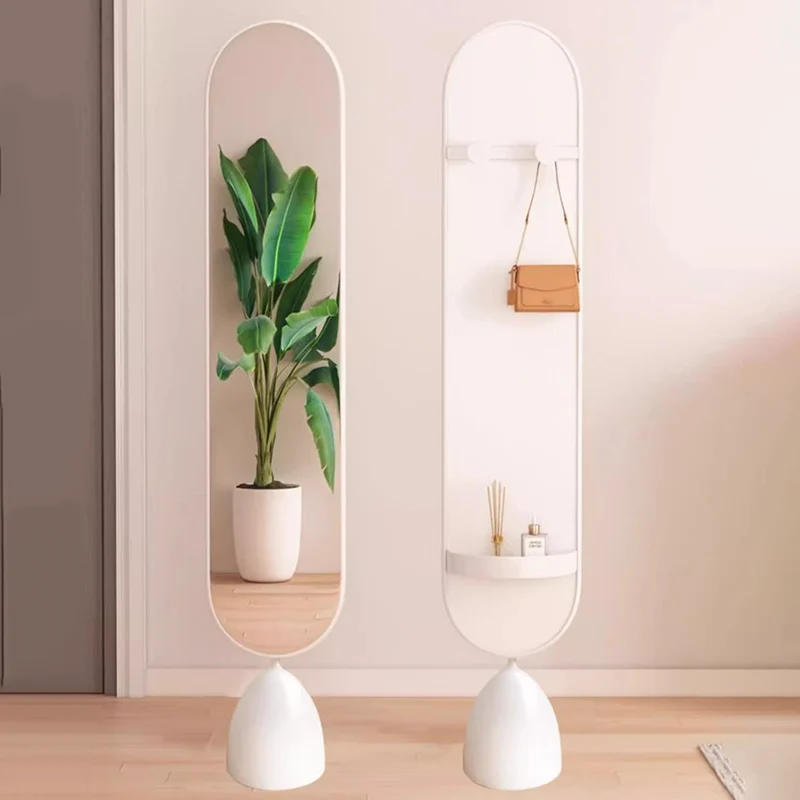 Modern Minimalist Iron Plastic Glass Oval Swivel Full-Length Floor Mirror With Storage & Clothing Rack For Bedroom & Living Room