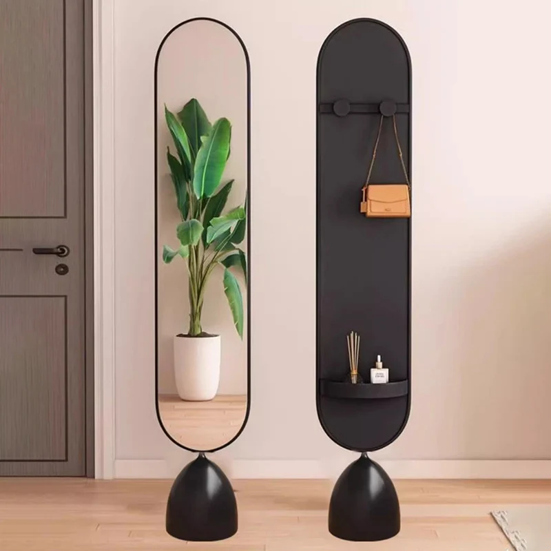 Modern Minimalist Iron Plastic Glass Oval Swivel Full-Length Floor Mirror With Storage & Clothing Rack For Bedroom & Living Room