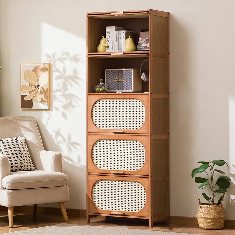 Traditional Chinese Bamboo Plastic Rattan Openwork Square Storage Cabinet 1/2/3/4/5-Storage For Living Room