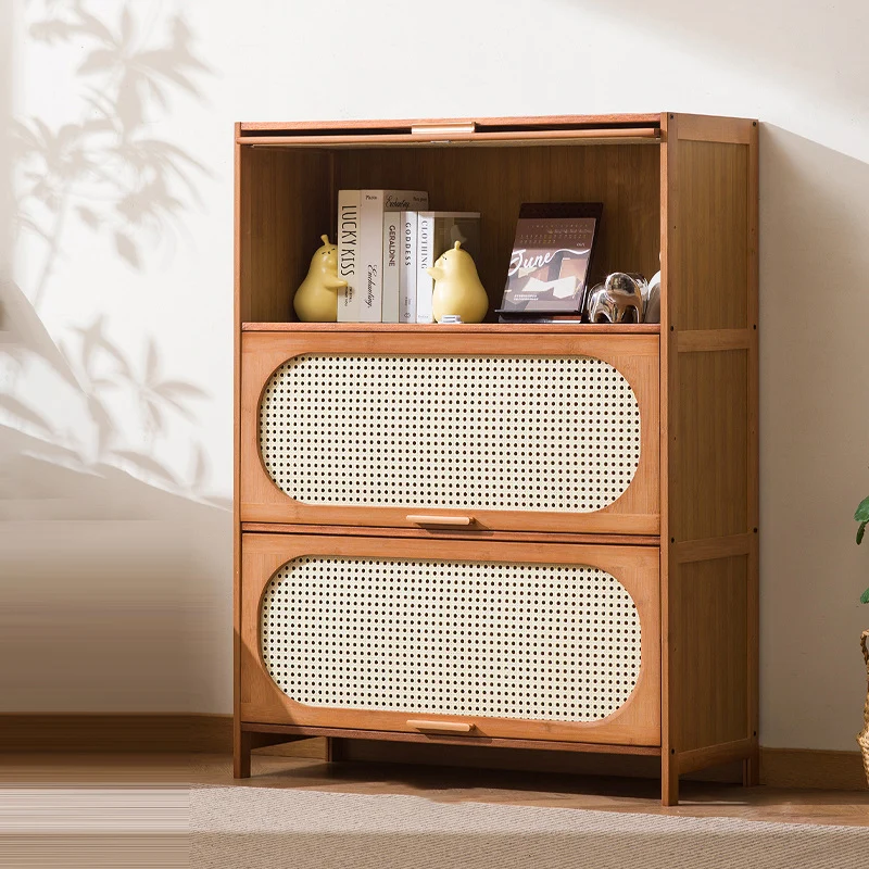 Traditional Chinese Bamboo Plastic Rattan Rectangular Openwork Storage Cabinet 3/4/5-Storages For Living Room