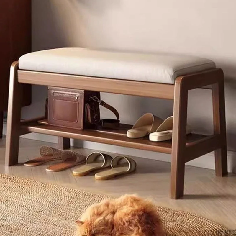 Contemporary Scandinavian Cat Scratch Leather Rubberwood Rectangular Shoe Bench With 1 Shelf For Entryways