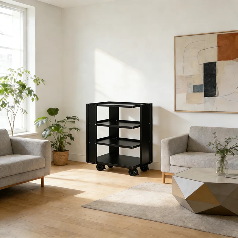 Contemporary Industrial Rectangular Carbon Steel Movable Storage Shelf 4-Tier For Living Room