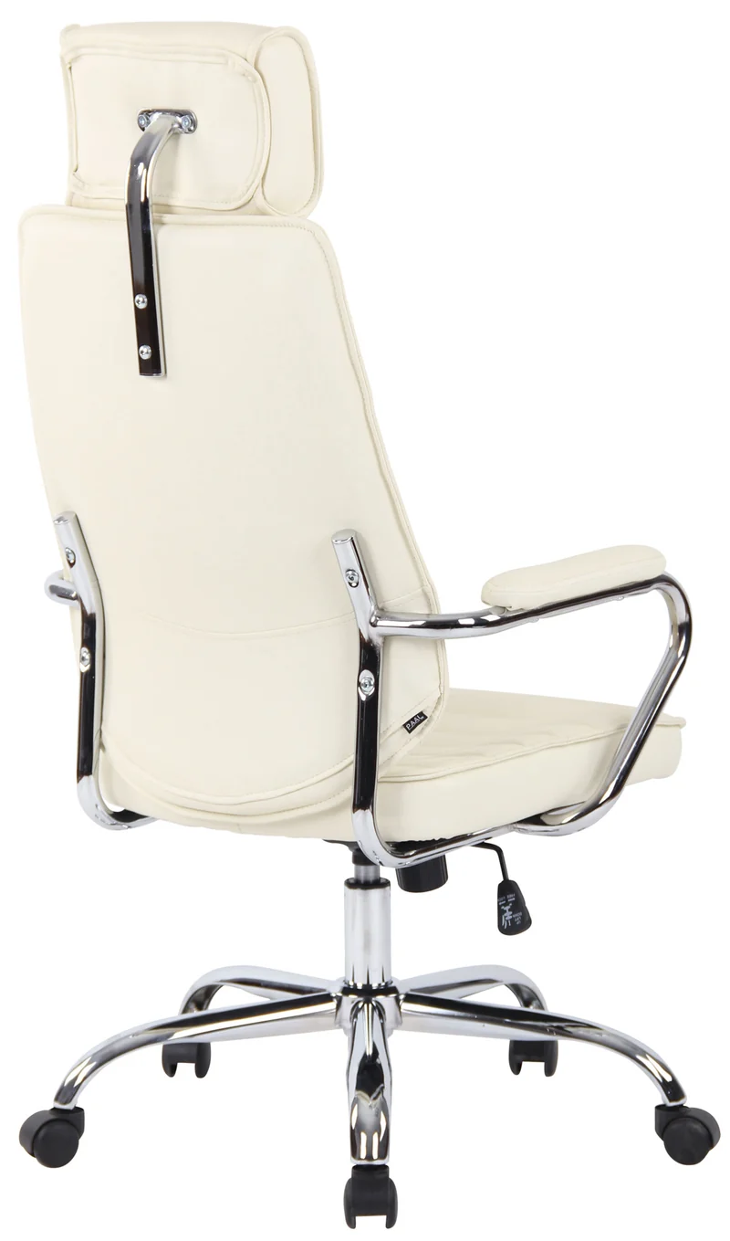 Fauteuil de bureau hauteur réglable pivotant mécanisme de bascule en cuir véritable crème et métal chromé 10_0002616