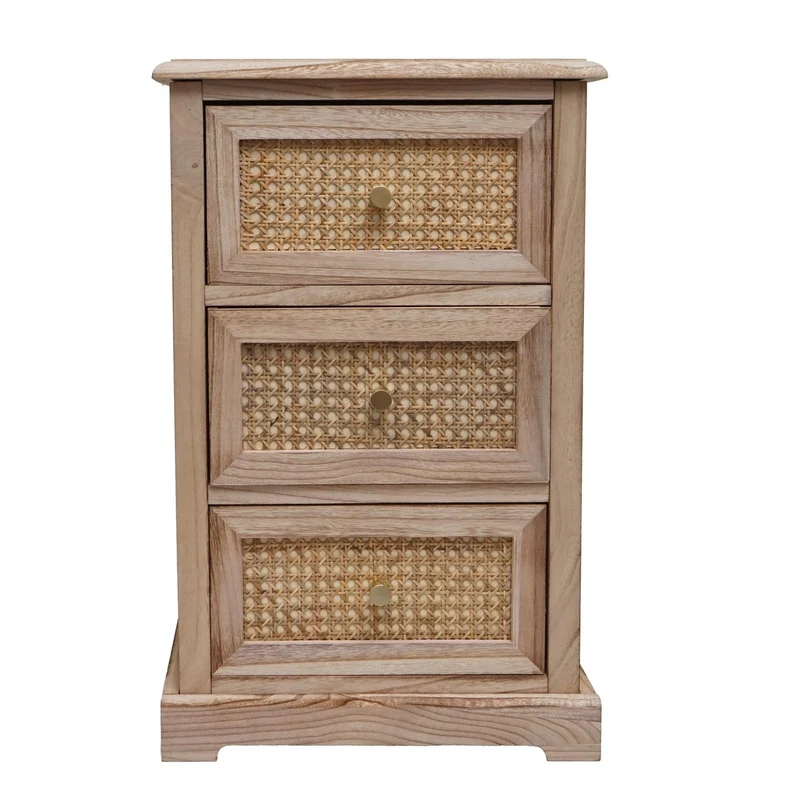 Commode avec 3 tiroirs en bois et rotin avec boutons décoratifs en métal 63x40x28 cm 04_0006509