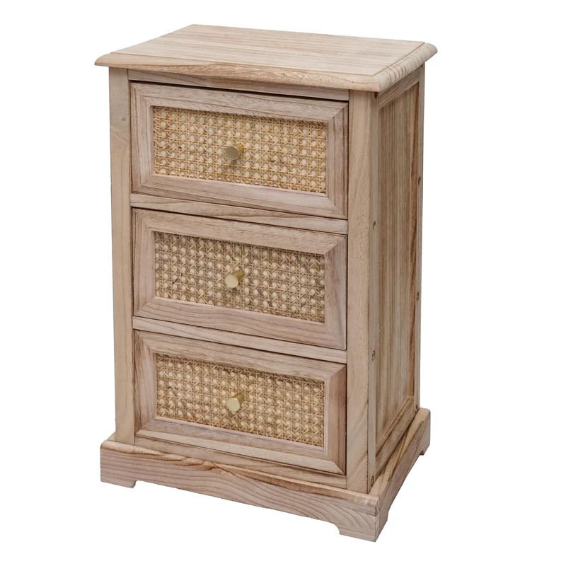 Commode avec 3 tiroirs en bois et rotin avec boutons décoratifs en métal 63x40x28 cm 04_0006509