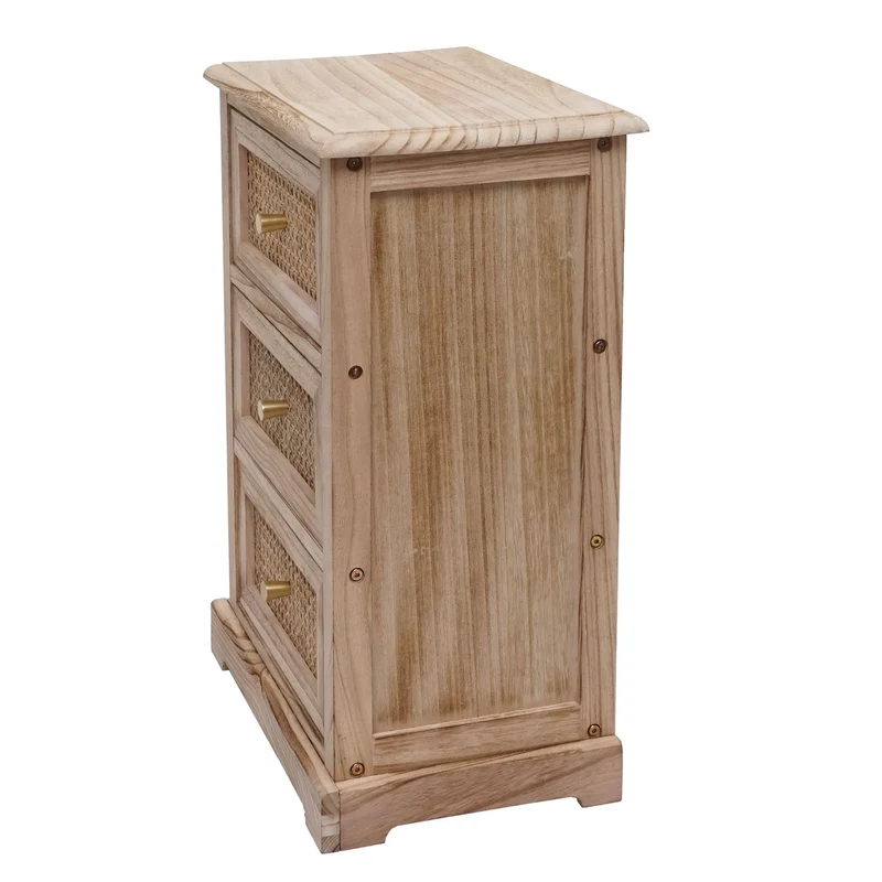 Commode avec 3 tiroirs en bois et rotin avec boutons décoratifs en métal 63x40x28 cm 04_0006509