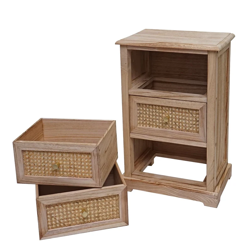 Commode avec 3 tiroirs en bois et rotin avec boutons décoratifs en métal 63x40x28 cm 04_0006509
