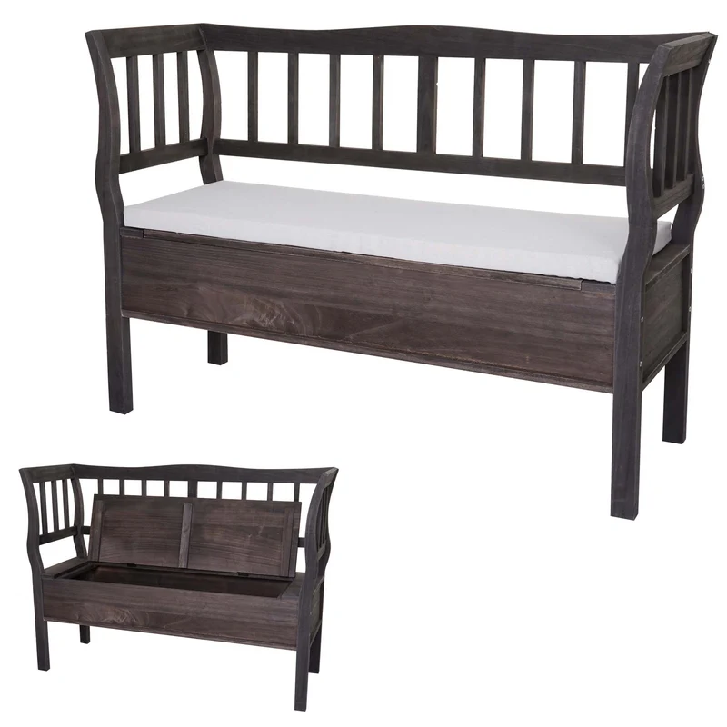Banc avec espace de rangement et coussin d'assise 119 cm en bois vieilli gris-marron 04_0005870
